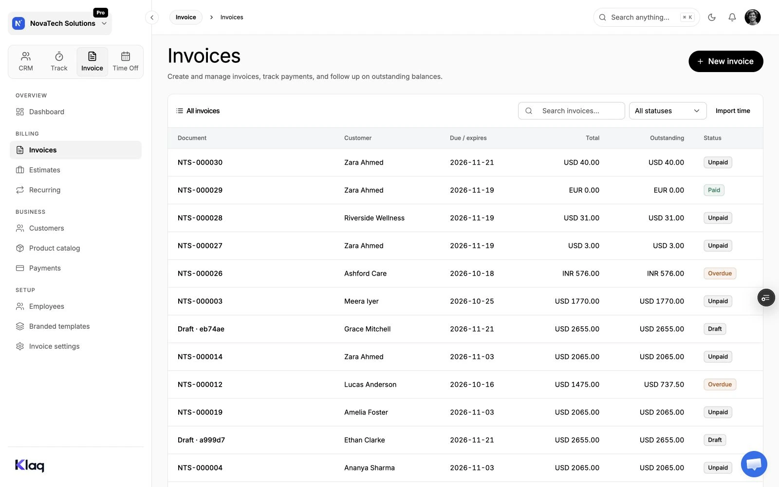 Invoices in the Klaq demo workspace