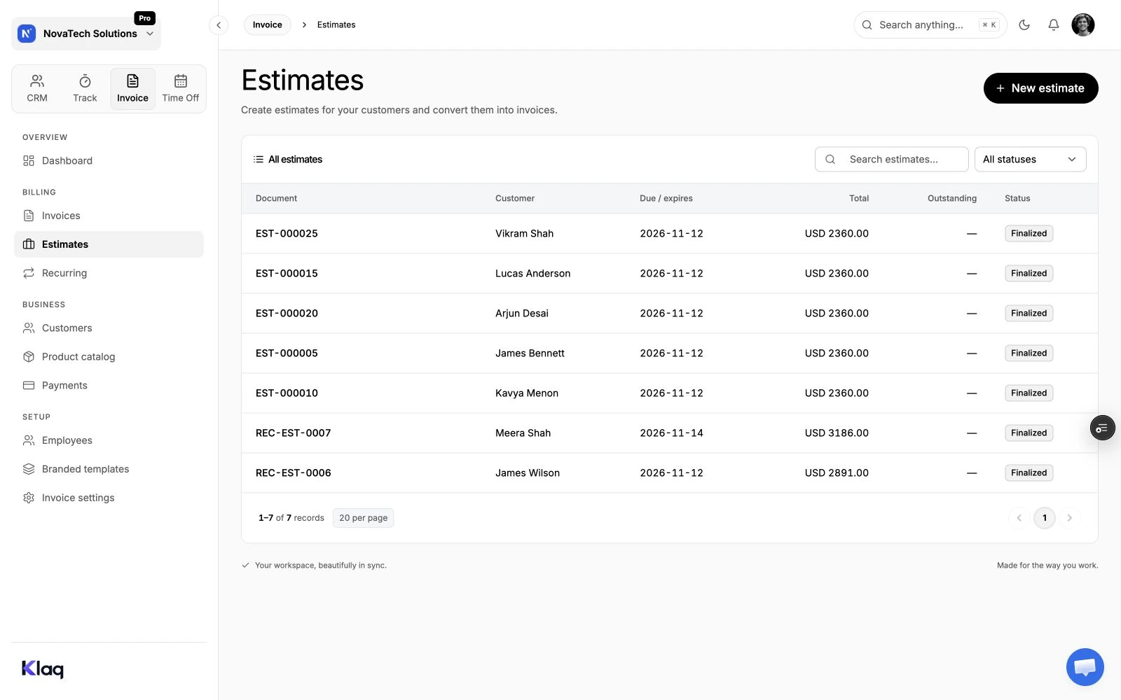 Estimates in the Klaq demo workspace