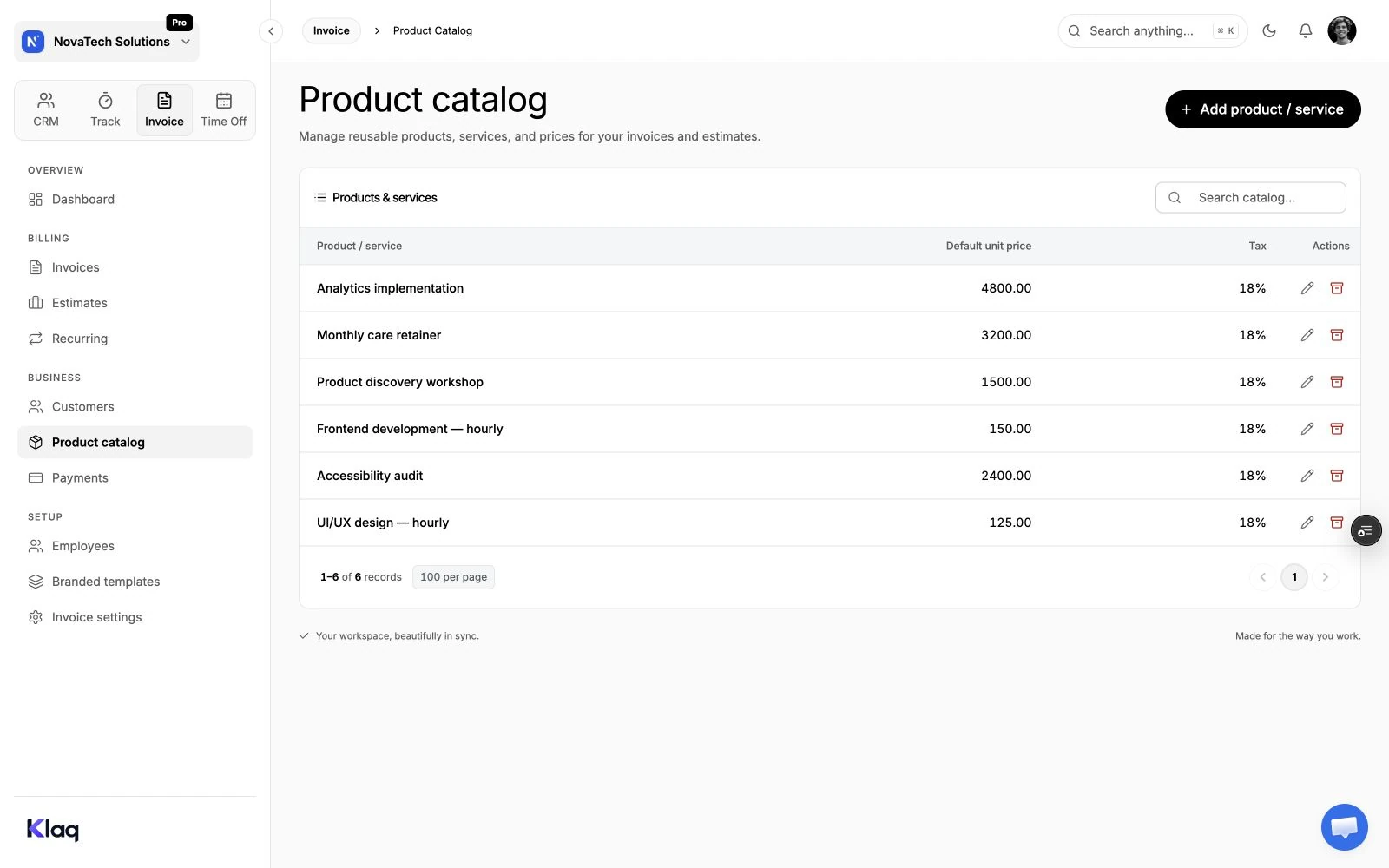 Product catalog in the Klaq demo workspace
