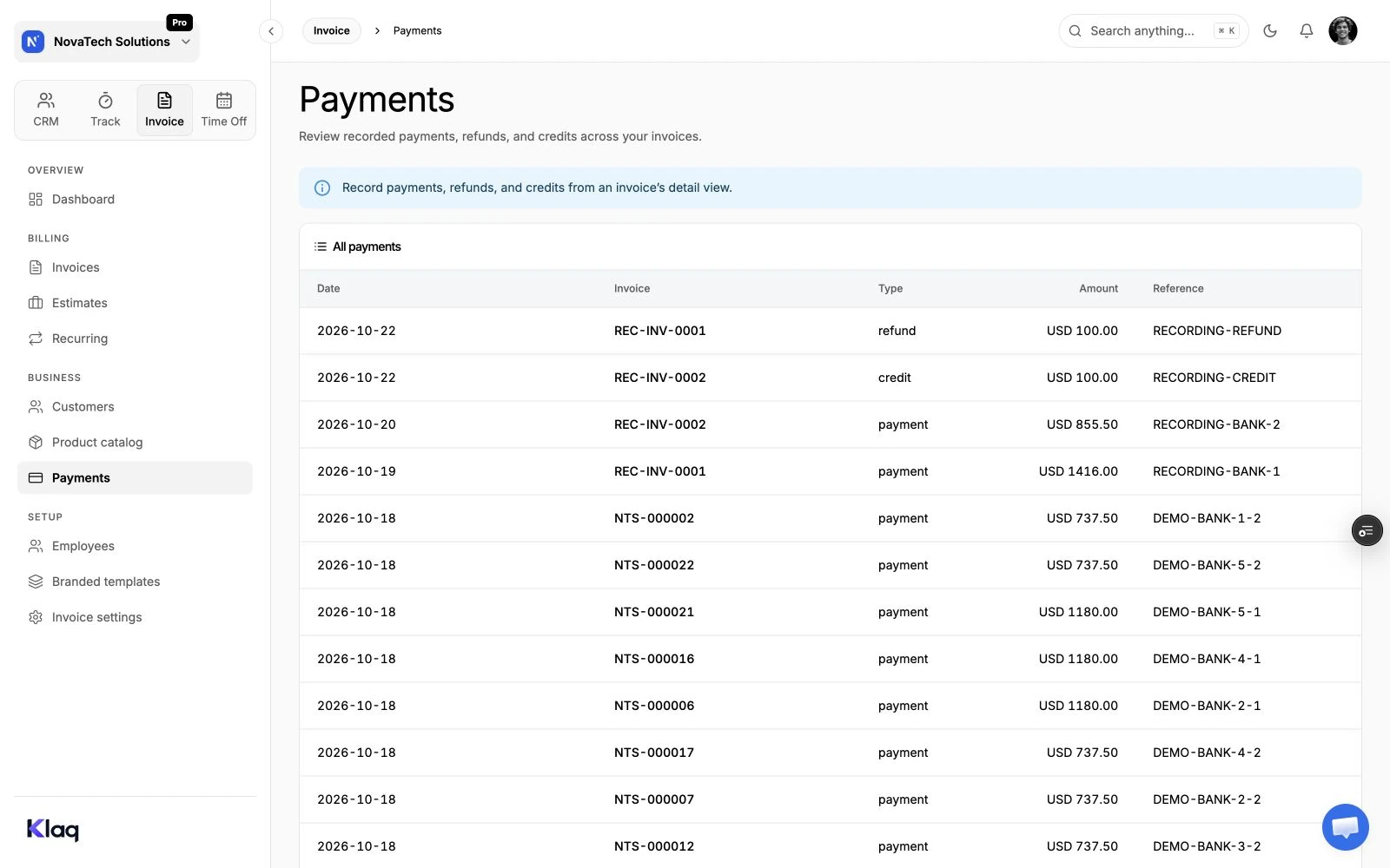 Payments in the Klaq demo workspace