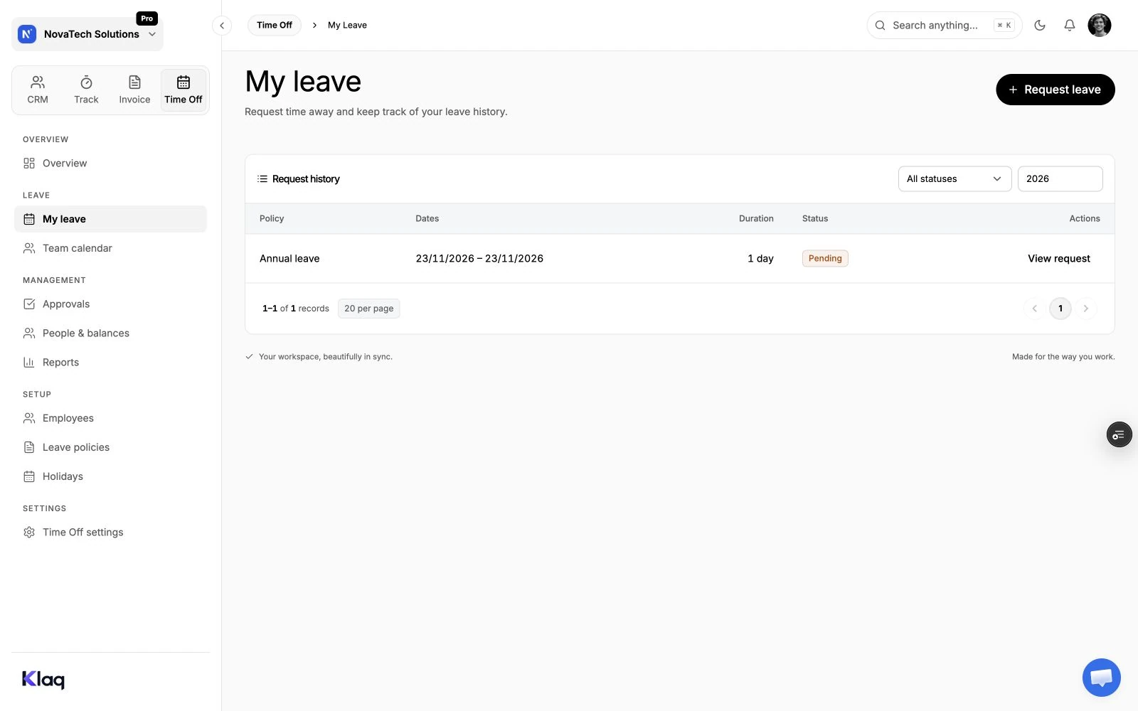 My leave in the Klaq demo workspace