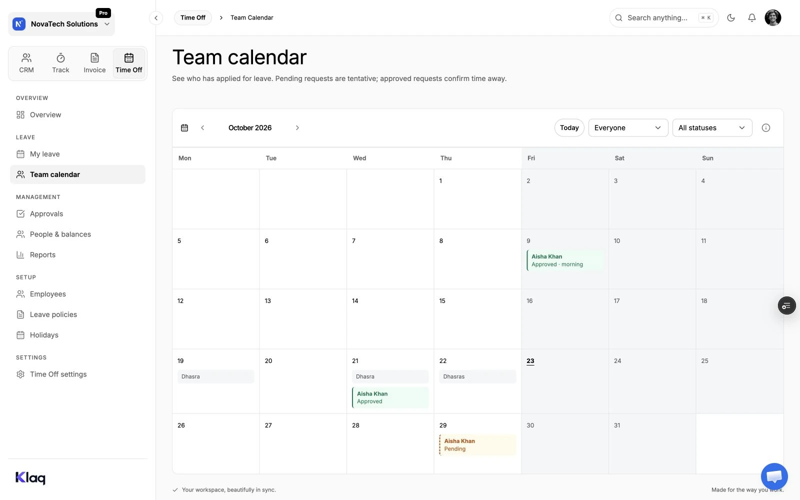 Team calendar in the Klaq demo workspace
