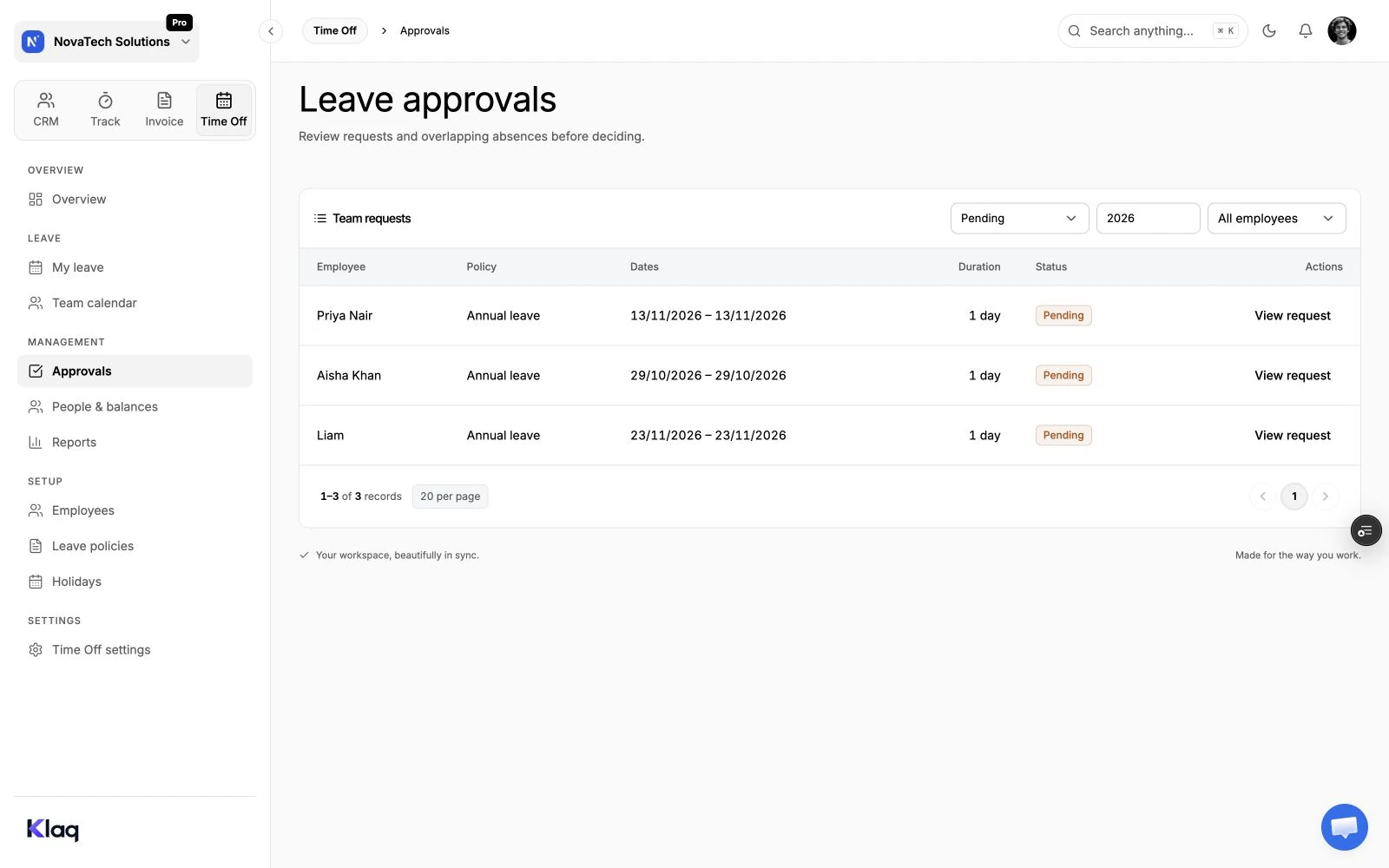 Approvals in the Klaq demo workspace