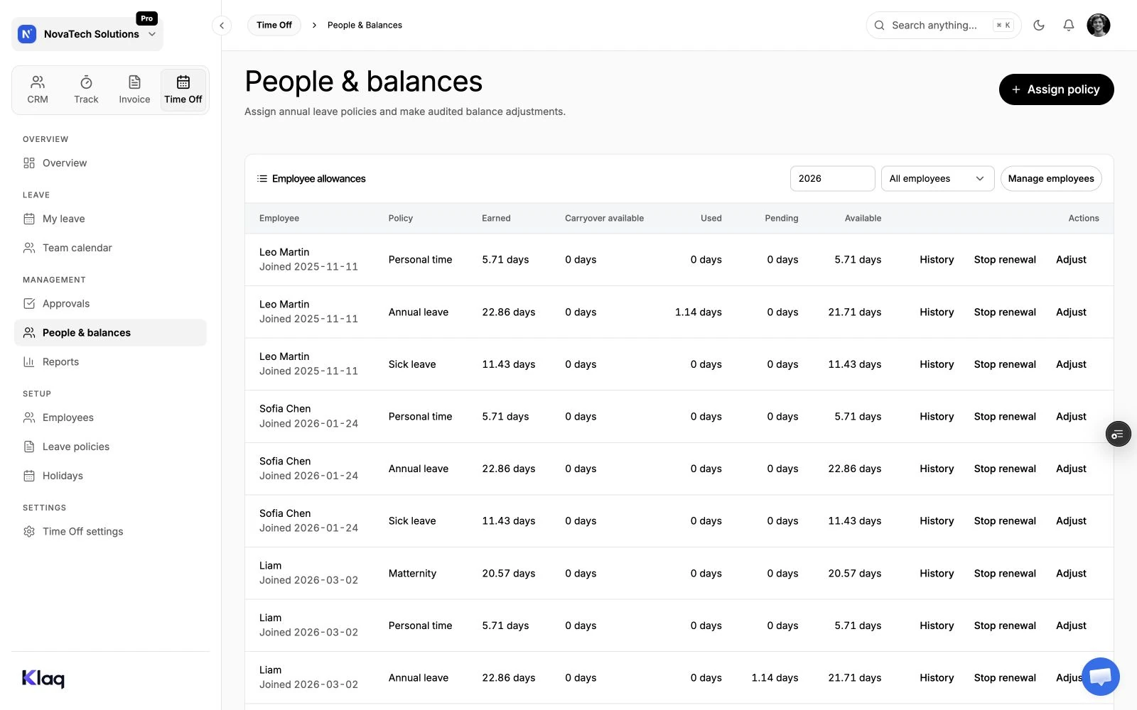 Leave balances in the Klaq demo workspace