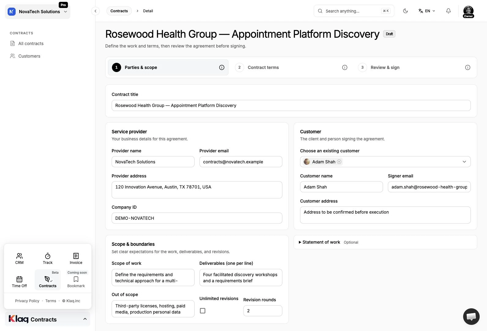 Parties & scope in the Klaq demo workspace