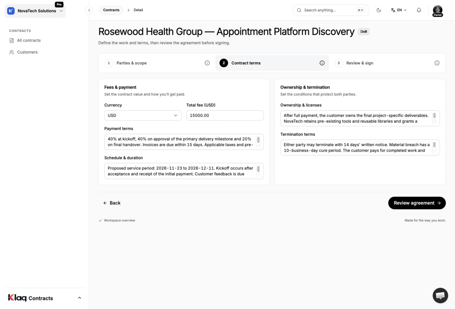 Contract terms in the Klaq demo workspace
