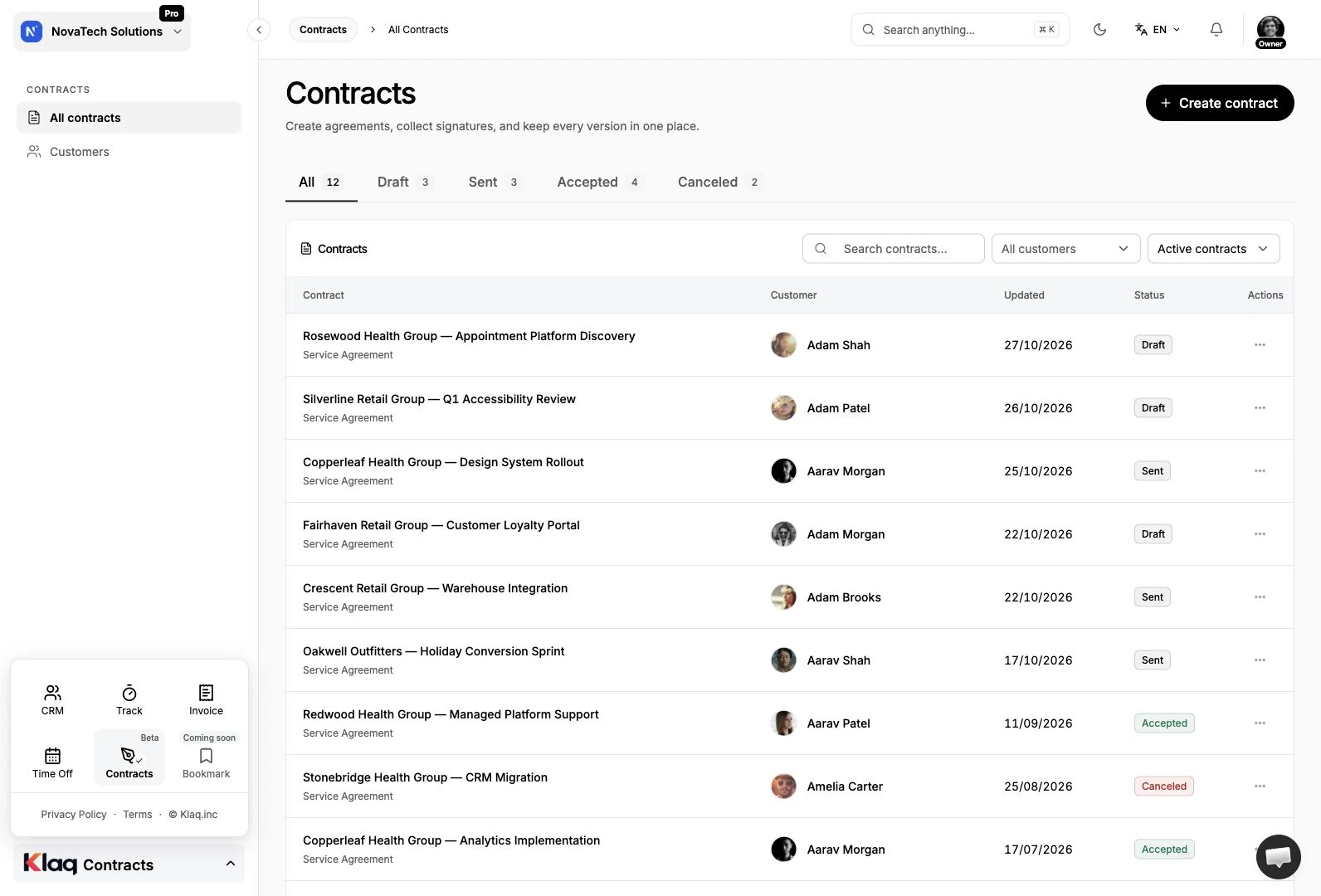 Contracts overview in the Klaq demo workspace