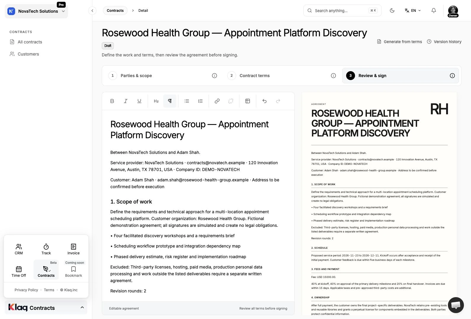 Review agreement in the Klaq demo workspace